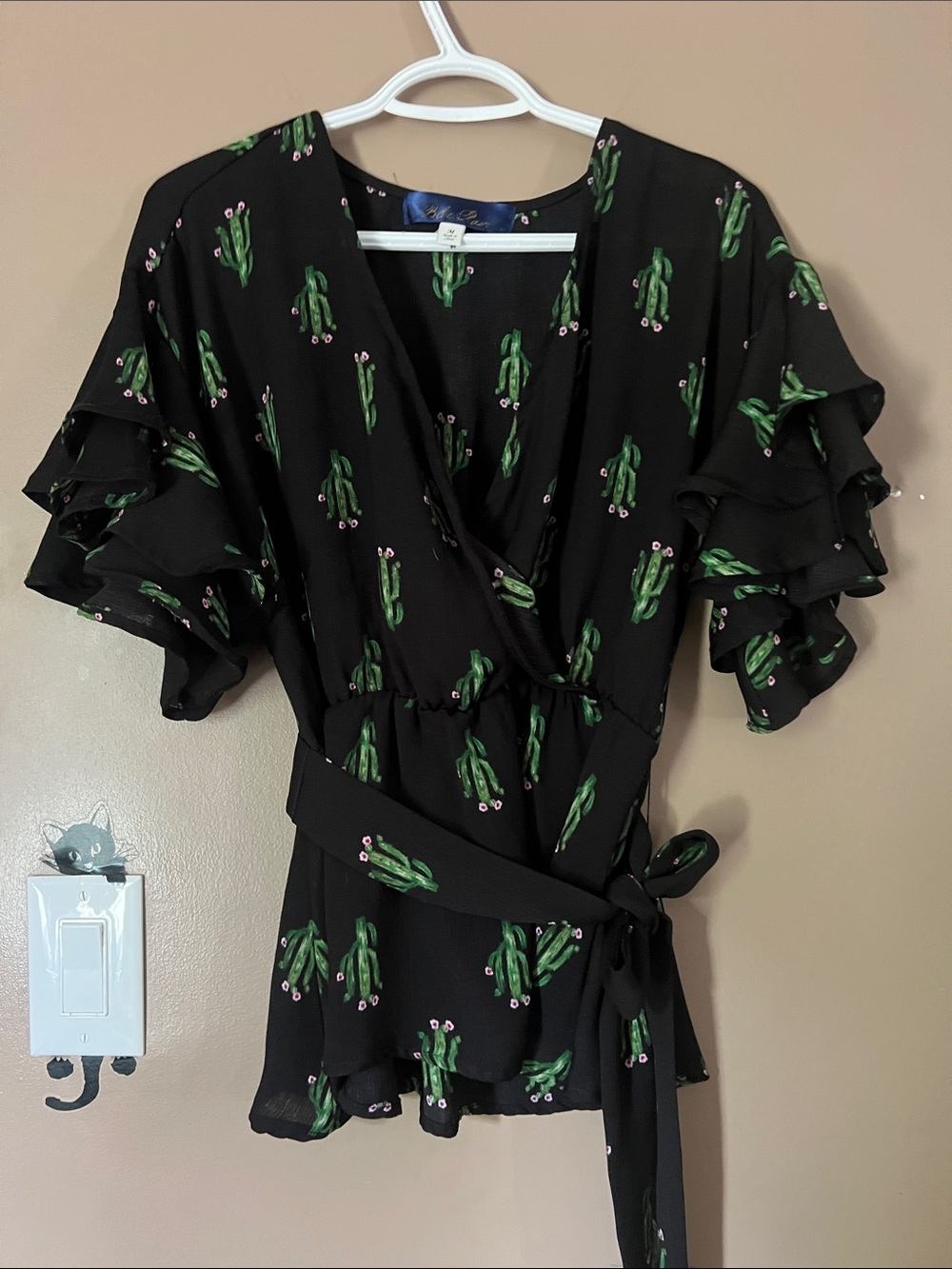 Blue Rain Black Wrap Top with Green Cactus Print